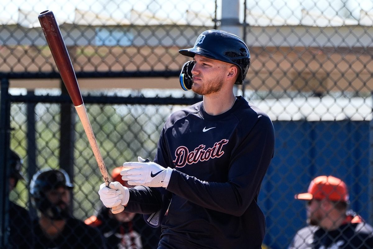Detroit Tigers outfielder Parker Meadows bats during spring training at TigerTown in Lakeland, Fla. on Friday, Feb. 21, 2025.