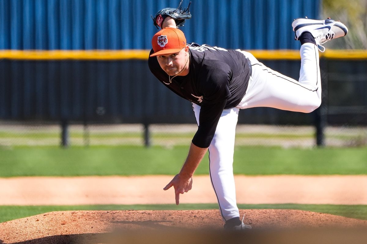 Detroit Tigers pitcher Tarik Skubal throws at batting practice during spring training at TigerTown in Lakeland, Fla. on Friday, Feb. 21, 2025.