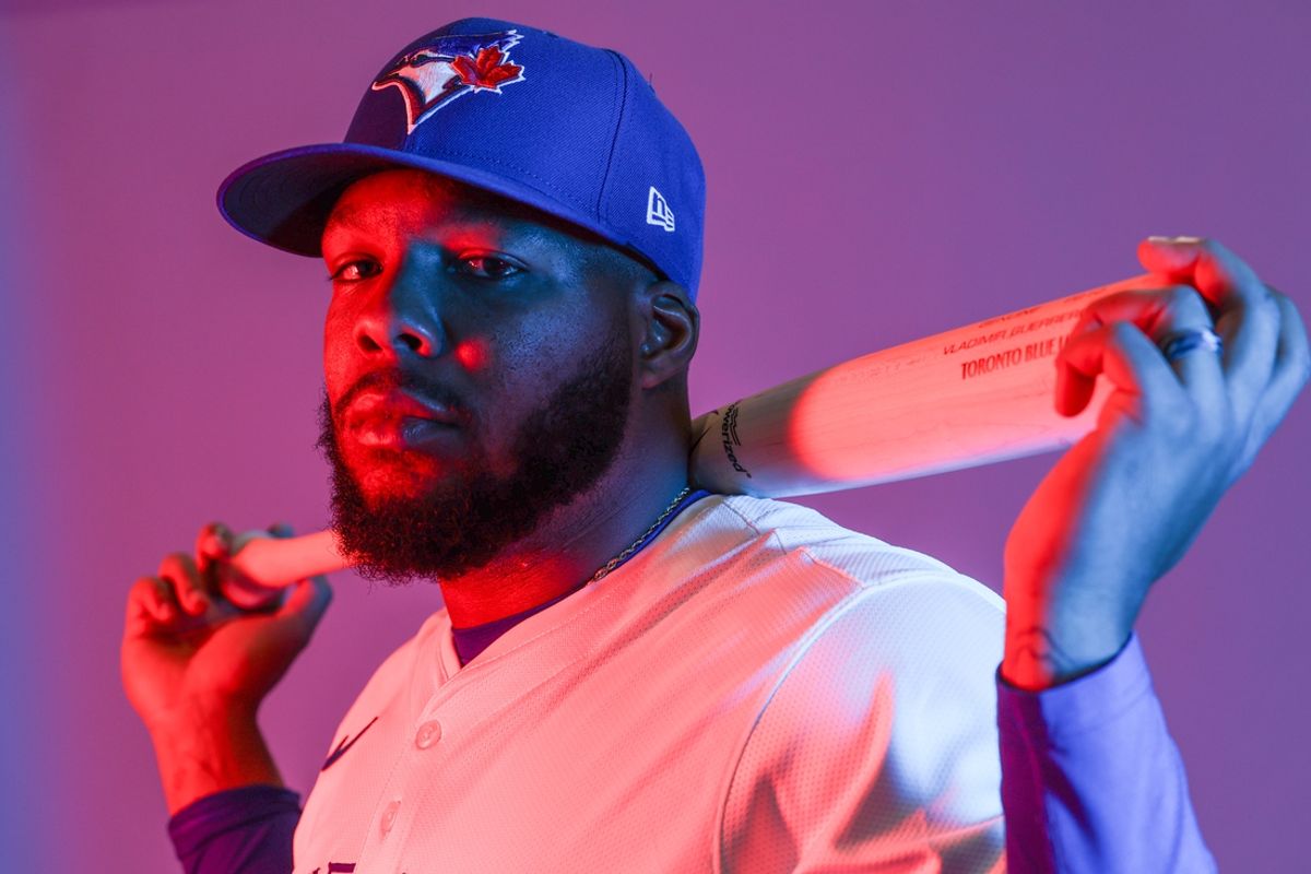 Feb 21, 2025; Dunedin, FL, USA; Toronto Blue Jays first baseman Vladimir Guerrero Jr. (27) participates in media day at the Blue Jays Player Development Complex. Mandatory Credit: Nathan Ray Seebeck-Imagn Images