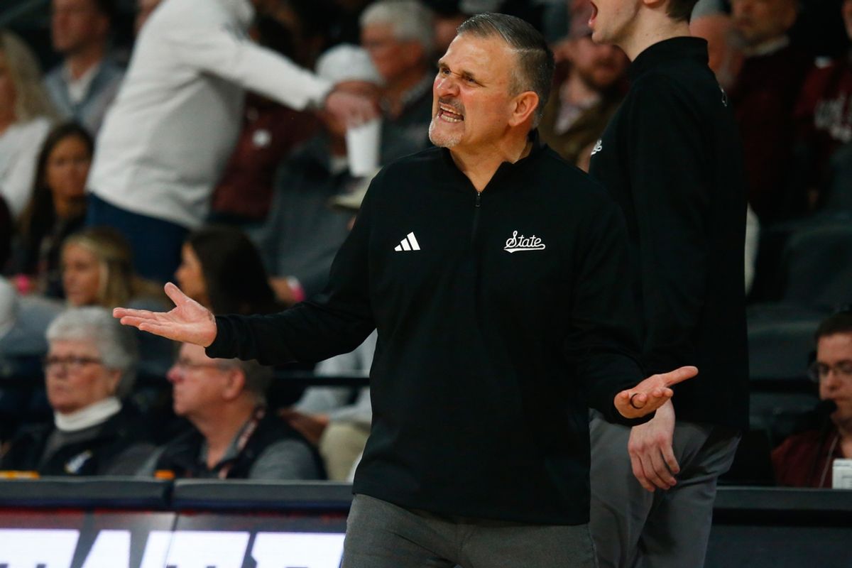 Feb 18, 2025; Starkville, Mississippi, USA; Mississippi State Bulldogs head coach Chris Jans reacts during the first half against the Texas A&M Aggies at Humphrey Coliseum. Mandatory Credit: Petre Thomas-Imagn Images