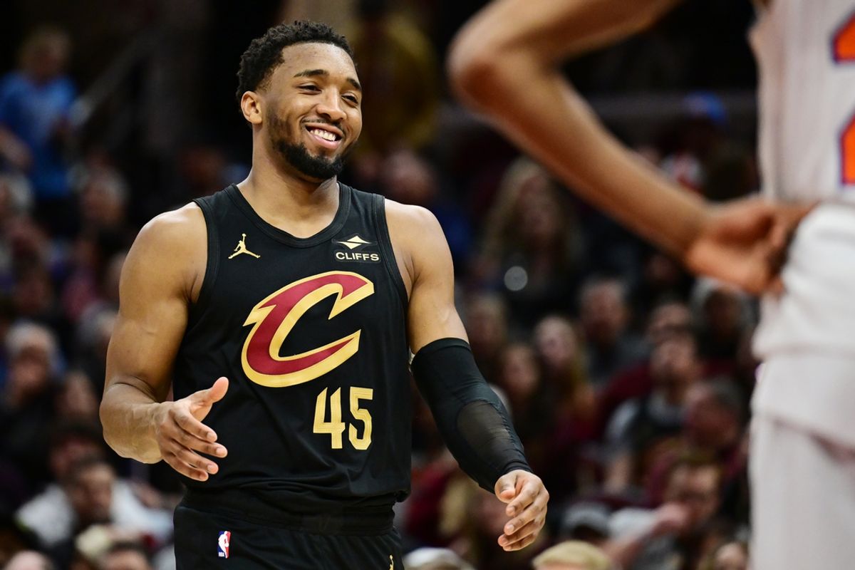 Feb 21, 2025; Cleveland, Ohio, USA;  Cleveland Cavaliers guard Donovan Mitchell (45) reacts during the second half against the New York Knicks at Rocket Arena. Mandatory Credit: Ken Blaze-Imagn Images