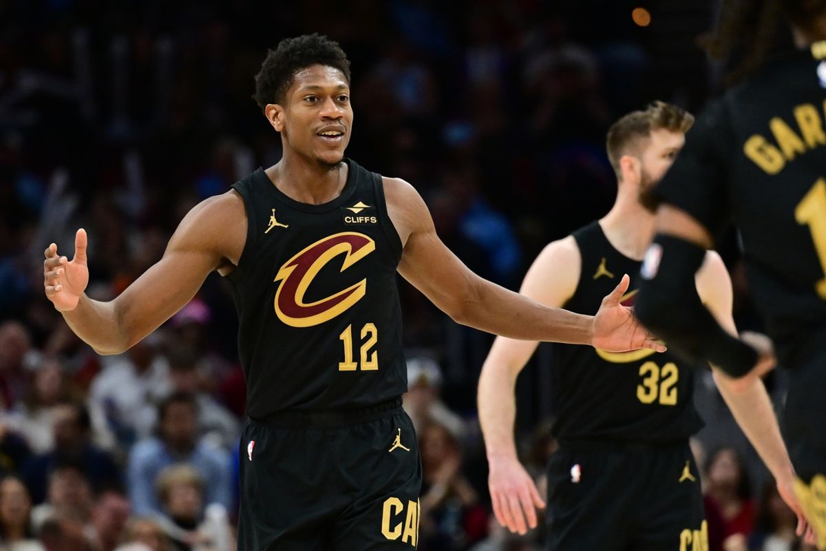 Feb 21, 2025; Cleveland, Ohio, USA;  Cleveland Cavaliers forward De'Andre Hunter (12) reacts during the second half against the New York Knicks at Rocket Arena. Mandatory Credit: Ken Blaze-Imagn Images