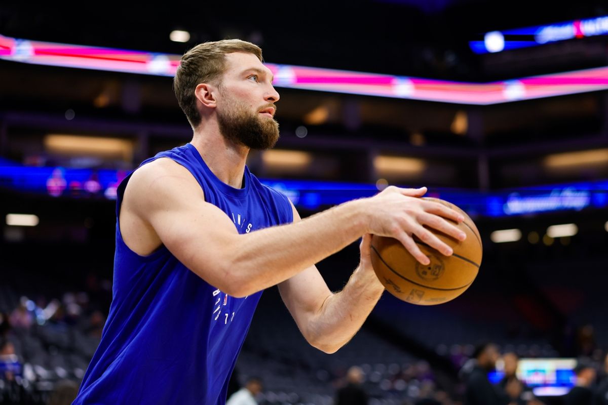 Feb 21, 2025; Sacramento, California, USA; Sacramento Kings forward Domantas Sabonis (11) warms up before the game against the  Golden State Warriors at Golden 1 Center. Mandatory Credit: Sergio Estrada-Imagn Images