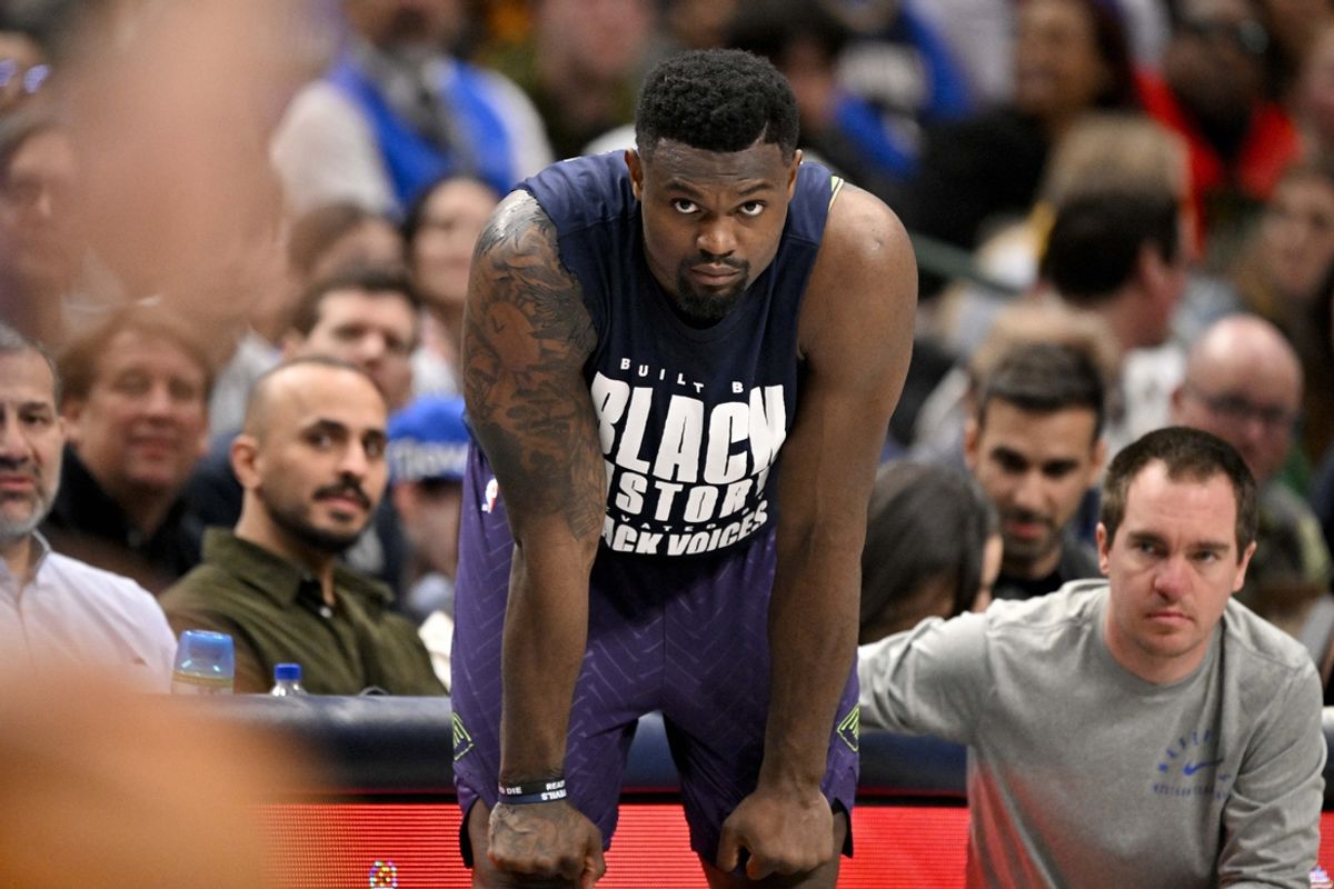 Feb 21, 2025; Dallas, Texas, USA; New Orleans Pelicans forward Zion Williamson (1) looks on during the second half against the Dallas Mavericks at the American Airlines Center. Mandatory Credit: Jerome Miron-Imagn Images