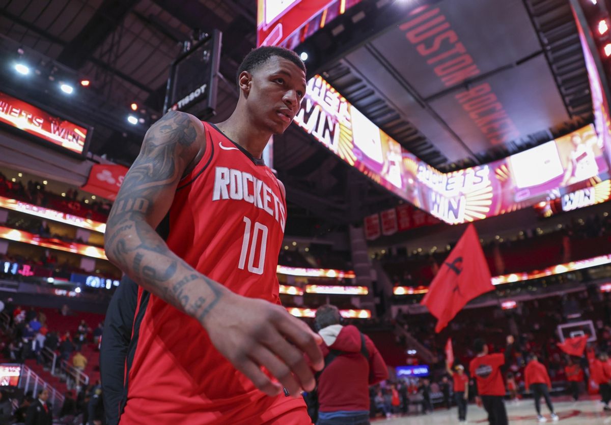 Feb 21, 2025; Houston, Texas, USA; Houston Rockets forward Jabari Smith Jr. (10) walks off the court after the game against the Minnesota Timberwolves at Toyota Center. Mandatory Credit: Troy Taormina-Imagn Images