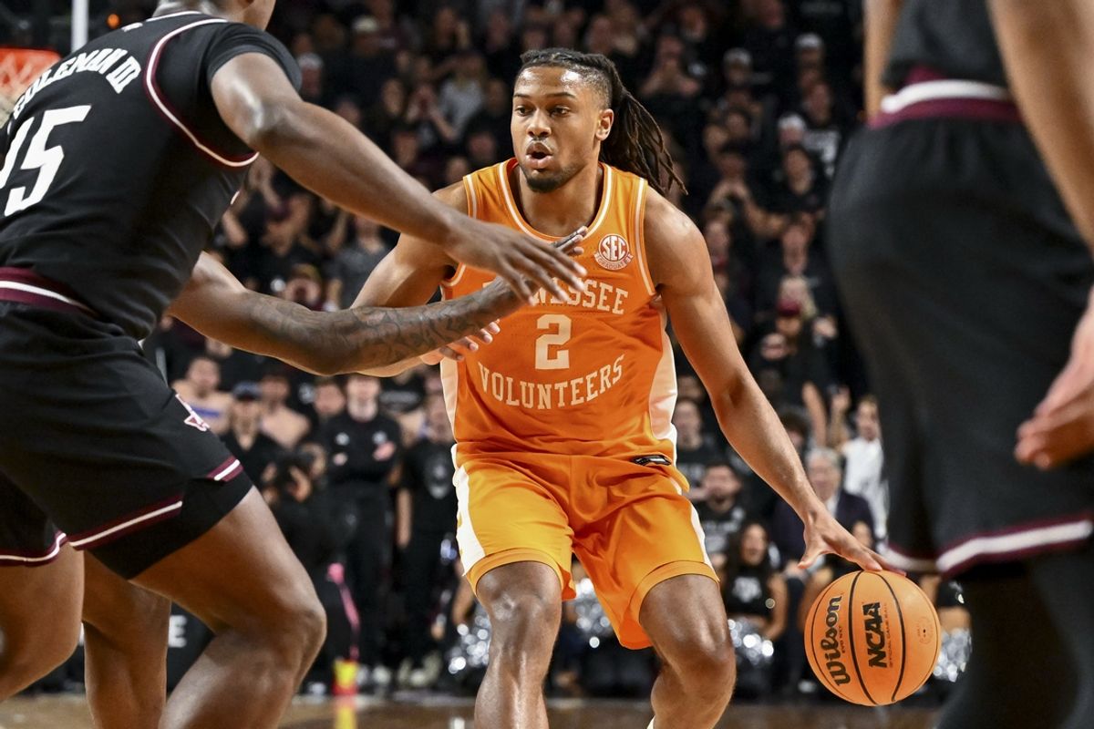 Feb 22, 2025; College Station, Texas, USA; Tennessee Volunteers guard Chaz Lanier (2) dribbles the ball during the second half against the Texas A&M Aggies at Reed Arena. Mandatory Credit: Maria Lysaker-Imagn Images
