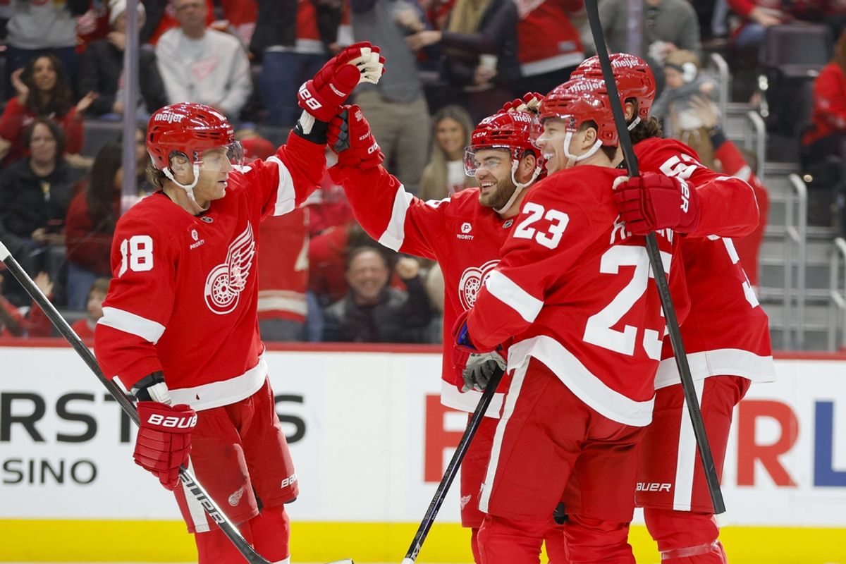 Feb 22, 2025; Detroit, Michigan, USA; Detroit Red Wings right wing Alex DeBrincat (93) is congratulated for an assist during the second period at Little Caesars Arena. Mandatory Credit: Brian Bradshaw Sevald-Imagn Images