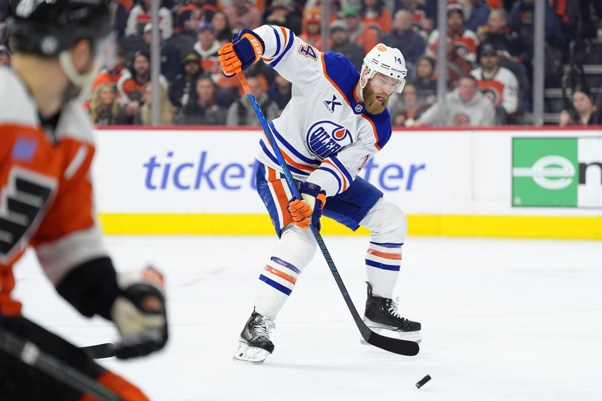 Feb 22, 2025; Philadelphia, Pennsylvania, USA; Edmonton Oilers defenseman Mattias Ekholm (14) receives a pass against the Philadelphia Flyers in the second period at Wells Fargo Center. Mandatory Credit: Kyle Ross-Imagn Images