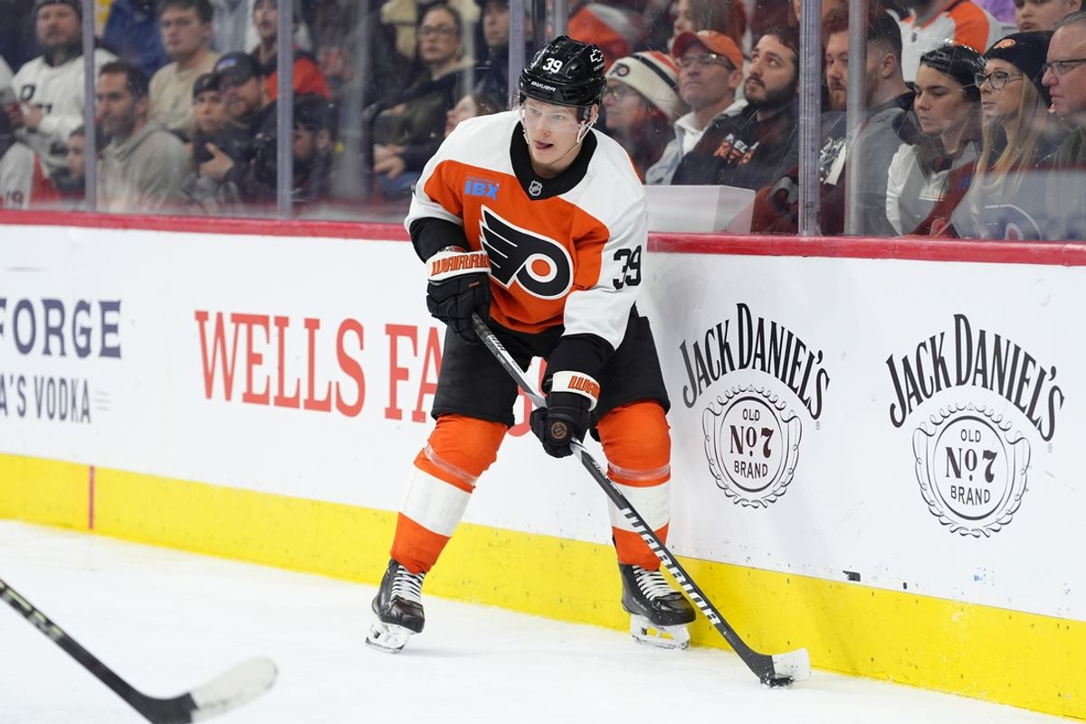 Feb 22, 2025; Philadelphia, Pennsylvania, USA; Philadelphia Flyers right wing Matvei Michkov (39) controls the puck against the Edmonton Oilers in the third period at Wells Fargo Center. Mandatory Credit: Kyle Ross-Imagn Images