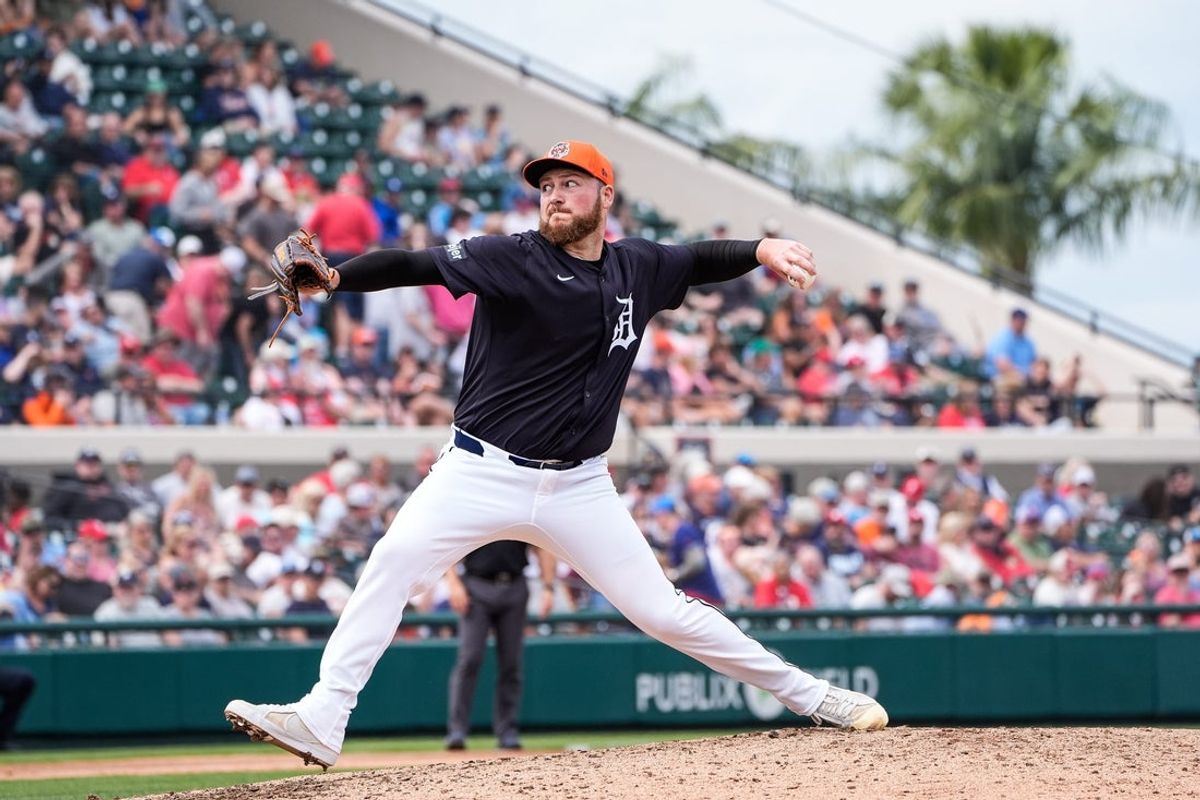 Detroit Tigers pitcher Matt Gage throws against Philadelphia Phillies during the fifth inning of a Grapefruit League game at Joker Marchant Stadium in Lakeland, Fla. on Saturday, Feb. 22, 2025.