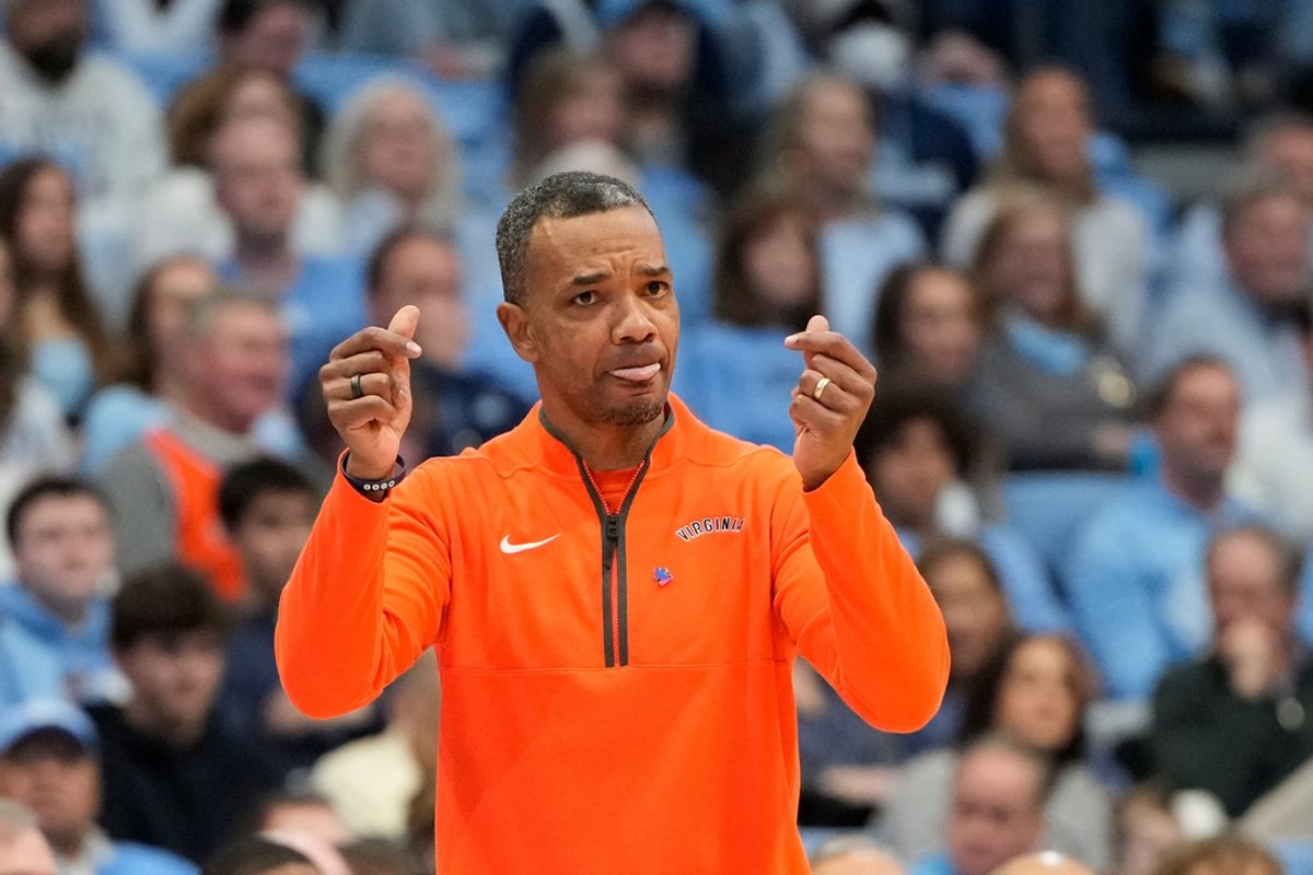 Feb 22, 2025; Chapel Hill, North Carolina, USA; Virginia Cavaliers head coach Ron Sanchez reacts in the first half at Dean E. Smith Center. Mandatory Credit: Bob Donnan-Imagn Images