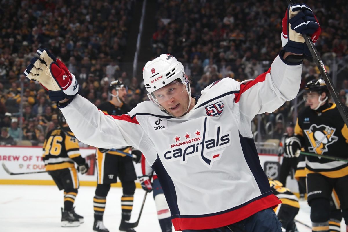Feb 22, 2025; Pittsburgh, Pennsylvania, USA; Washington Capitals defenseman Jakob Chychrun (6) reacts after scoring a goal against the Pittsburgh Penguins during the second period at PPG Paints Arena. Mandatory Credit: Charles LeClaire-Imagn Images