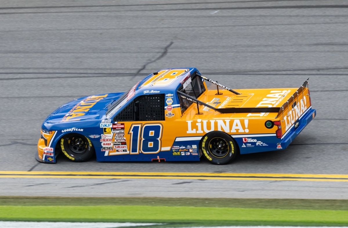 Feb 14, 2025; Daytona Beach, Florida, USA; NASCAR Truck Series driver Tyler Ankrum (18) during qualifying for the Fresh from Florida 250 at Daytona International Speedway. Mandatory Credit: Mark J. Rebilas-Imagn Images