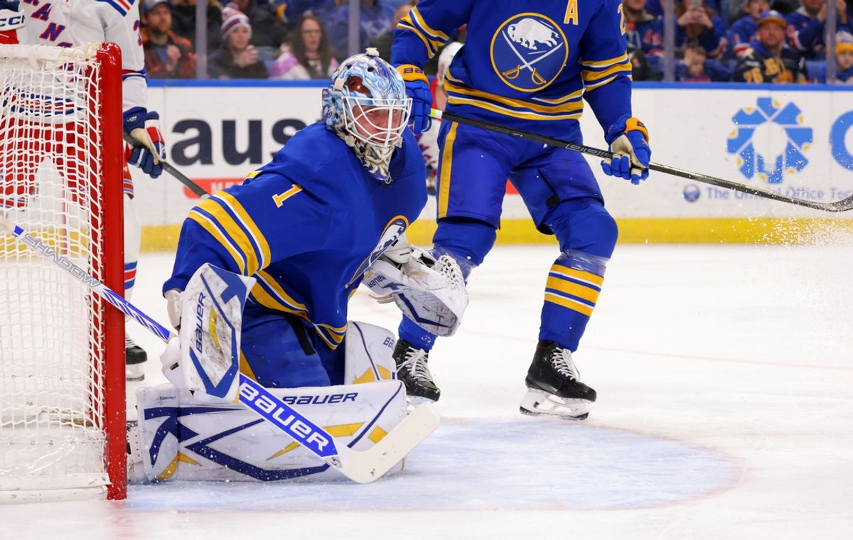Feb 22, 2025; Buffalo, New York, USA;  Buffalo Sabres goaltender Ukko-Pekka Luukkonen (1) looks for the puck during the first period against the New York Rangers at KeyBank Center. Mandatory Credit: Timothy T. Ludwig-Imagn Images
