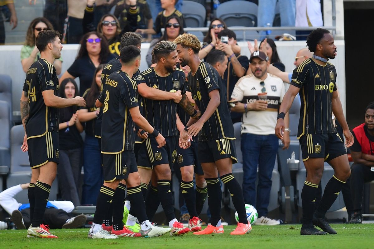Feb 22, 2025; Los Angeles, California, USA; LAFC forward Jeremy Ebobisse (17) reacts after scoring a goal against Minnesota United during the second half at BMO Stadium. Mandatory Credit: Gary A. Vasquez-Imagn Images