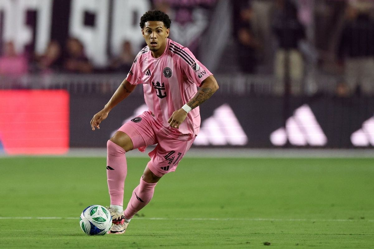 Feb 22, 2025; Fort Lauderdale, Florida, USA; Inter Miami CF midfielder David Ruiz (41) kicks the ball against New York City FC during the first half at Chase Stadium. Mandatory Credit: Nathan Ray Seebeck-Imagn Images