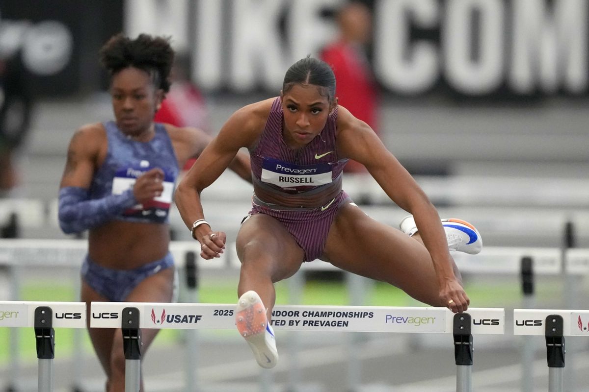 Feb 22, 2025; Staten Island, NY, USA; Masai Russell wins women's 60m hurdle heat in 7.81 during the USATF Indoor Championships at Ocean Breeze Athletic Complex. Mandatory Credit: Kirby Lee-Imagn Images