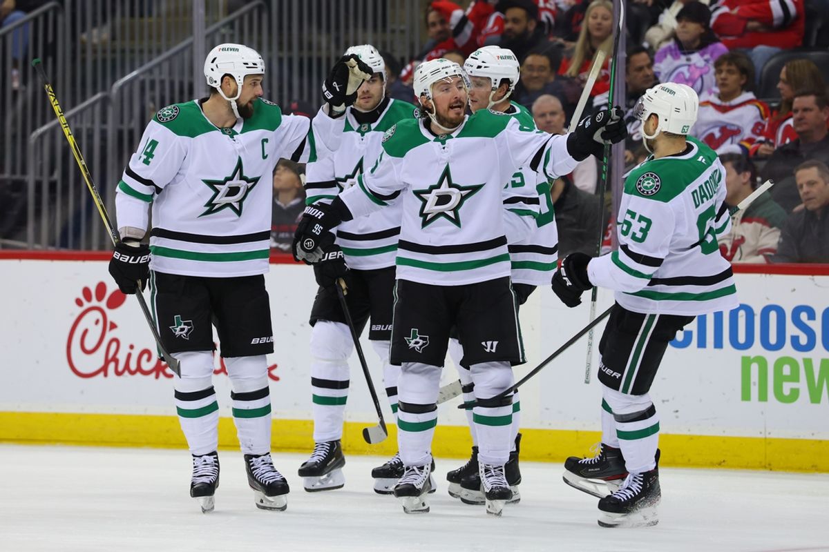 Feb 22, 2025; Newark, New Jersey, USA; Dallas Stars center Matt Duchene (95) celebrates his goal against the New Jersey Devils during the third period at Prudential Center. Mandatory Credit: Ed Mulholland-Imagn Images