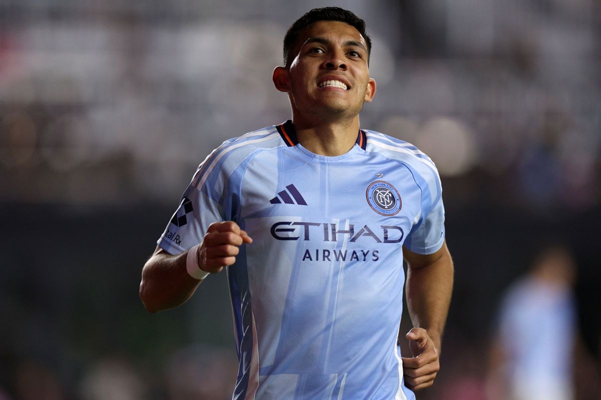 Feb 22, 2025; Fort Lauderdale, Florida, USA; New York City FC forward Alonso Martinez (16) reacts after scoring a goal against Inter Miami CF during the first half at Chase Stadium. Mandatory Credit: Nathan Ray Seebeck-Imagn Images
