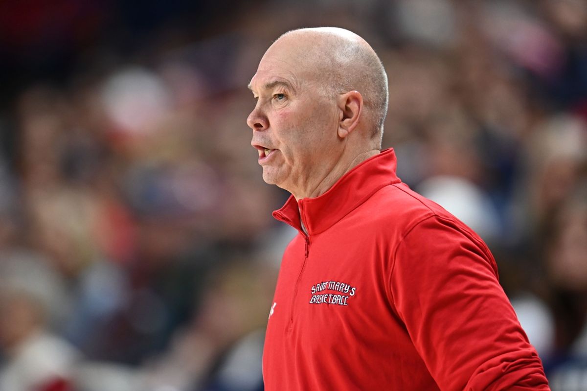 Feb 22, 2025; Spokane, Washington, USA; St. Mary's Gaels head coach Randy Bennett looks on during a game against the Gonzaga Bulldogs in the first half at McCarthey Athletic Center. Mandatory Credit: James Snook-Imagn Images