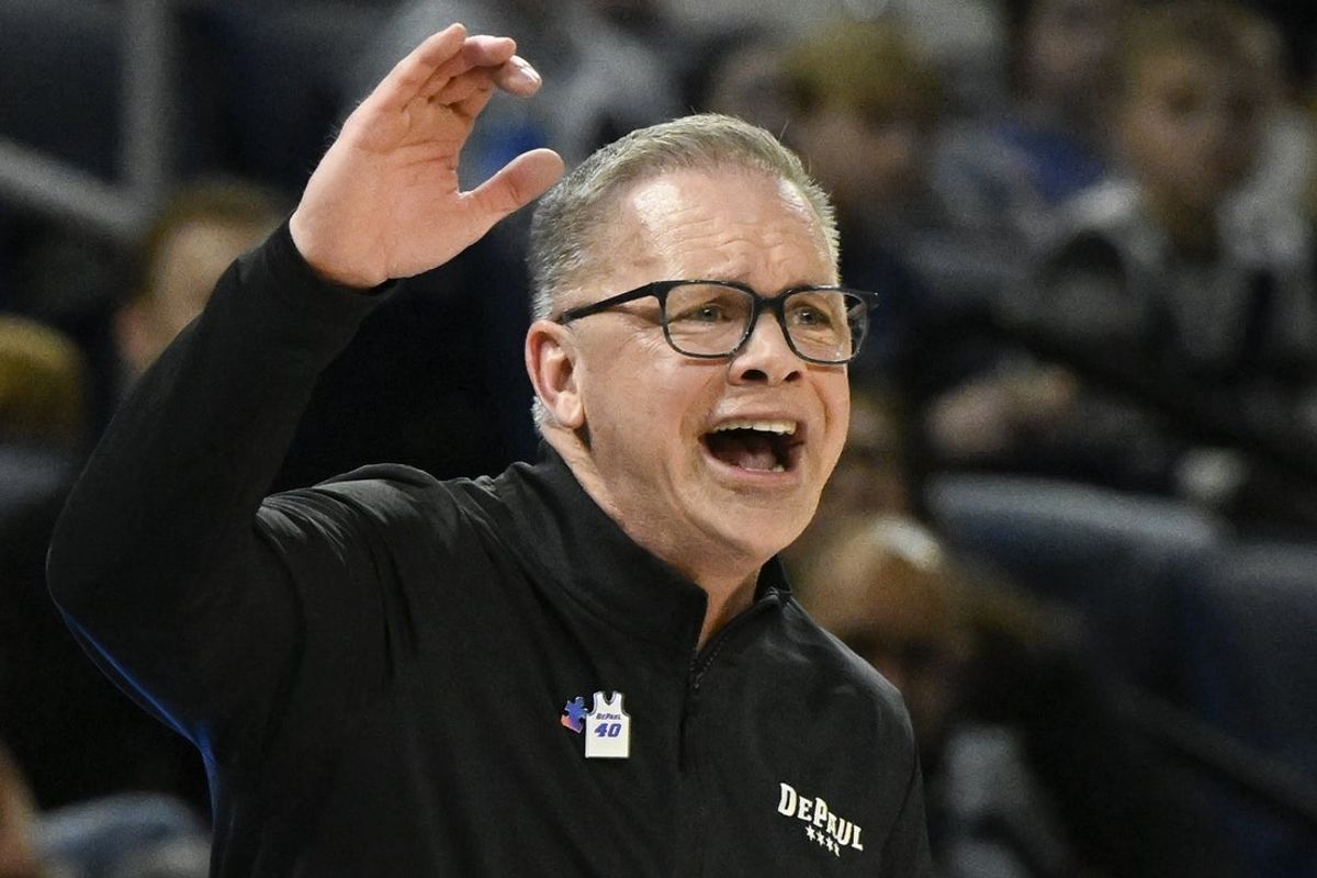 Feb 22, 2025; Chicago, Illinois, USA;   DePaul Blue Demons head coach Chris Holtmann directs the team against Butler Bulldogs during the first half at Wintrust Arena. Mandatory Credit: Matt Marton-Imagn Images