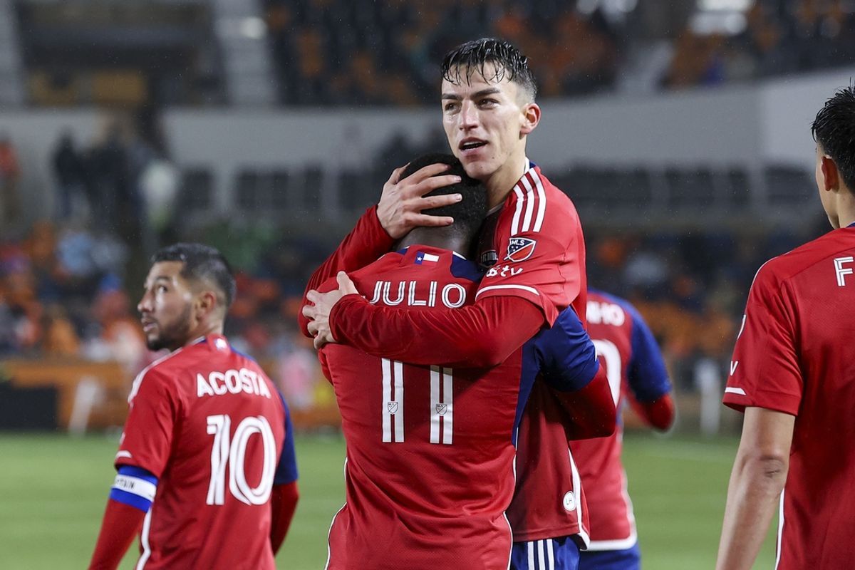 Feb 22, 2025; Houston, Texas, USA; FC Dallas forward Petar Musa (9) and forward Anderson Julio (11) react after Julio scored a goal during the second half against Houston Dynamo FC at Shell Energy Stadium. Mandatory Credit: Troy Taormina-Imagn Images