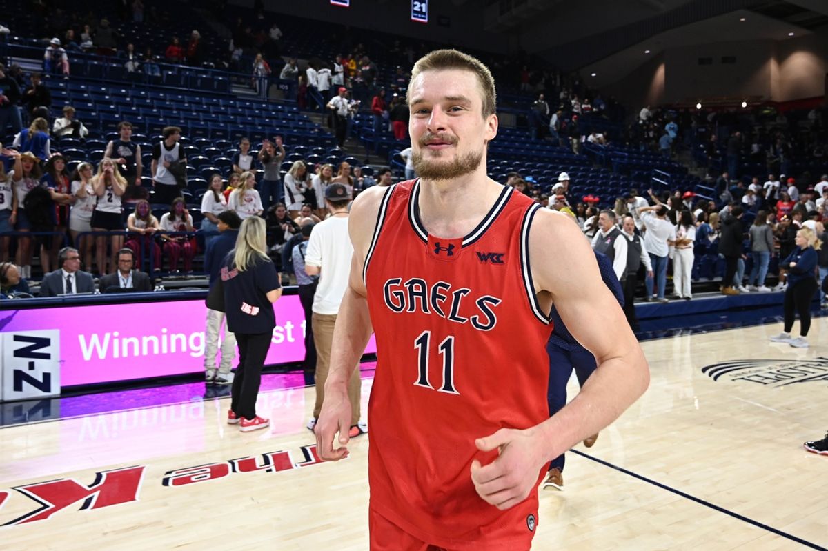 Feb 22, 2025; Spokane, Washington, USA; St. Mary's Gaels center Mitchell Saxen (11) runs off the court after a game against the Gonzaga Bulldogs at McCarthey Athletic Center. Mandatory Credit: James Snook-Imagn Images