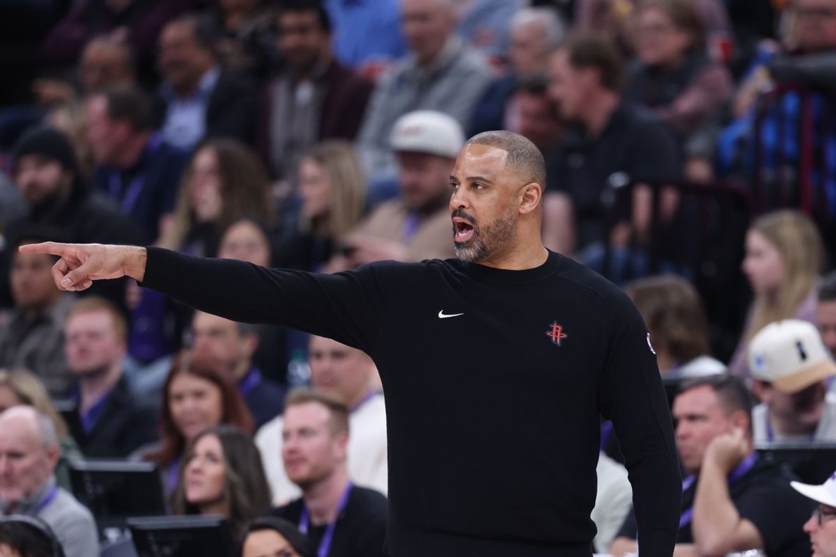 Feb 22, 2025; Salt Lake City, Utah, USA; Houston Rockets head coach Ime Udoka calls a play against the Utah Jazz during the first half at Delta Center. Mandatory Credit: Rob Gray-Imagn Images
