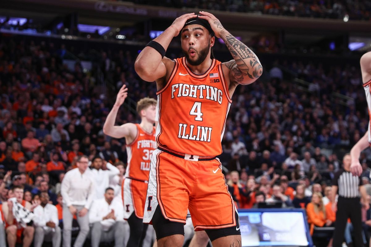 Feb 22, 2025; New York, NY, USA;  Illinois Fighting Illini guard Kylan Boswell (4) reacts after getting called for a foul in the first half against the Duke Blue Devils at Madison Square Garden. Mandatory Credit: Wendell Cruz-Imagn Images