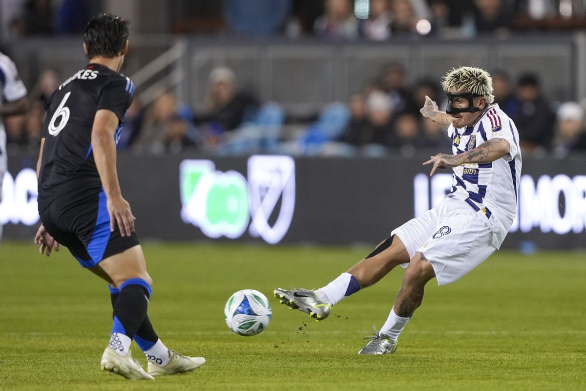 Feb 22, 2025; San Jose, California, USA; Real Salt Lake midfielder Diego Luna (8) kicks the ball during the first half against the San Jose Earthquakes at PayPal Park. Mandatory Credit: Darren Yamashita-Imagn Images