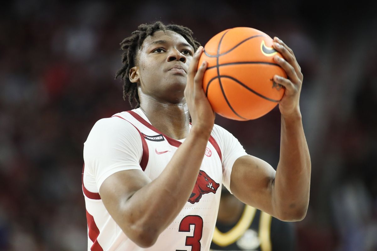 Feb 22, 2025; Fayetteville, Arkansas, USA; Arkansas Razorbacks forward Adou Thiero (3) shoots a free-throw during the second half against the Missouri Tigers at Bud Walton Arena. Mandatory Credit: Nelson Chenault-Imagn Images