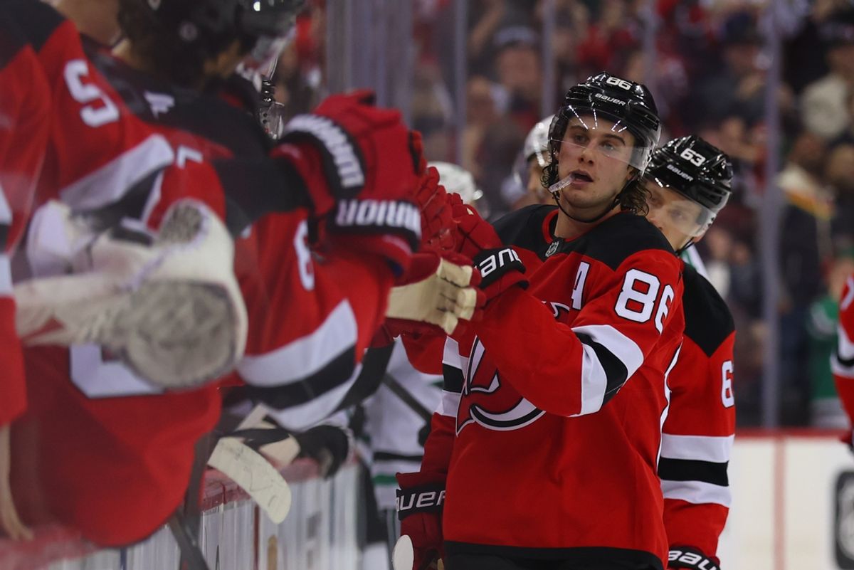 Feb 22, 2025; Newark, New Jersey, USA; New Jersey Devils center Jack Hughes (86) celebrates his goal against the Dallas Stars during the third period at Prudential Center. Mandatory Credit: Ed Mulholland-Imagn Images