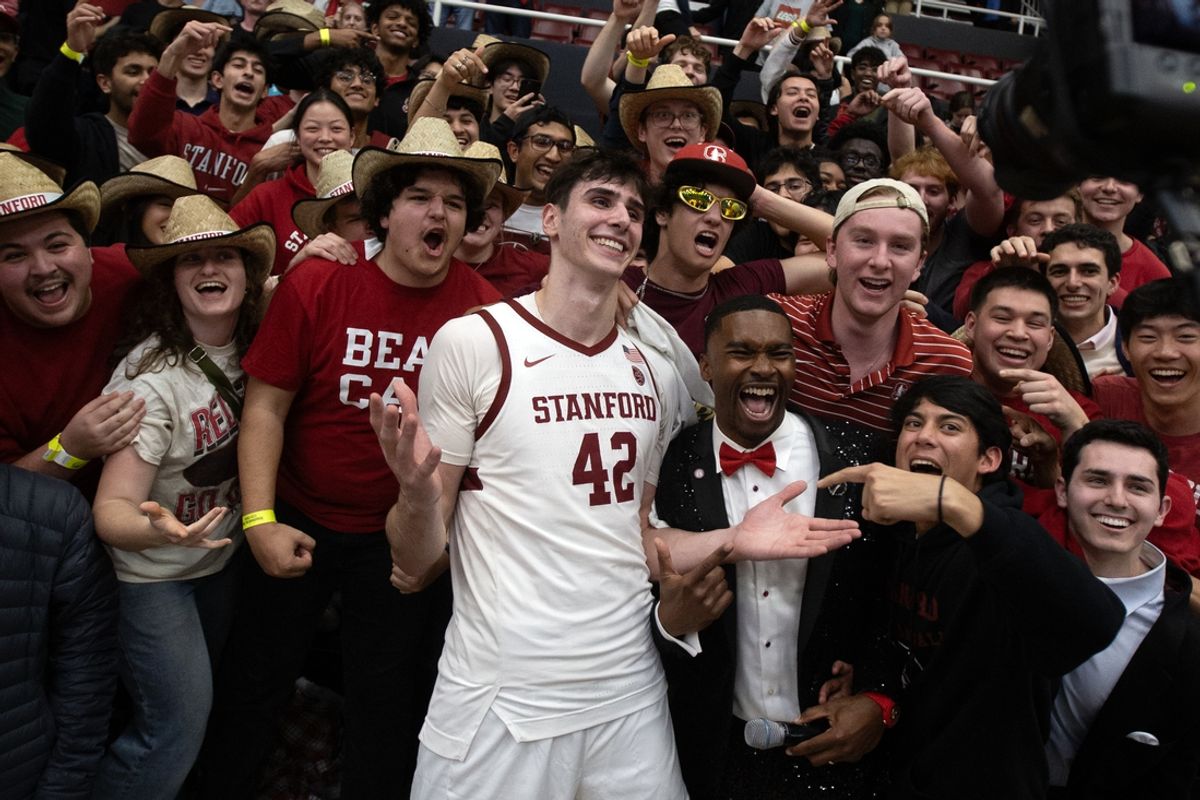 Feb 22, 2025; Stanford, California, USA; Stanford Cardinal forward Maxime Raynaud (42) greets the crowd following a victory over the arch rival California Golden Bears at Maples Pavilion. Mandatory Credit: D. Ross Cameron-Imagn Images