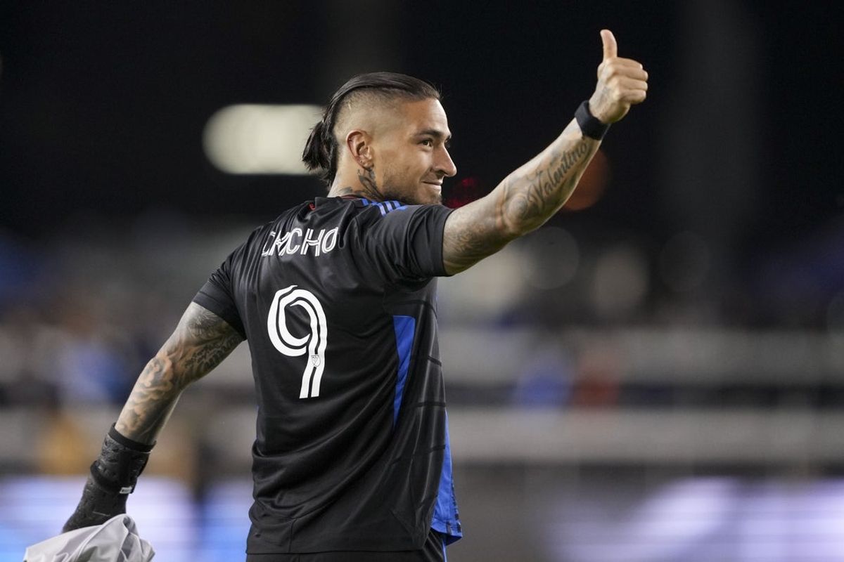 Feb 22, 2025; San Jose, California, USA; San Jose Earthquakes forward Cristian Arango (9) gestures after the game against Real Salt Lake at PayPal Park. Mandatory Credit: Darren Yamashita-Imagn Images