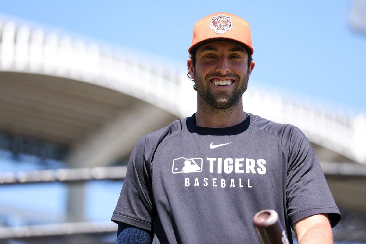 Feb 23, 2025; Tampa, Florida, USA; Detroit Tigers outfielder Matt Vierling (8) looks on before a game against the New York Yankees during spring training at George M. Steinbrenner Field. Mandatory Credit: Nathan Ray Seebeck-Imagn Images