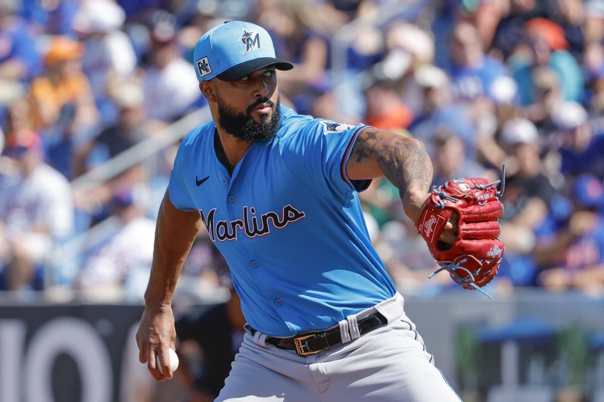 Feb 23, 2025; Port St. Lucie, Florida, USA;  Miami Marlins pitcher Sandy Alcantara (22) throws during the first inning against the New York Mets at Clover Park. Mandatory Credit: Reinhold Matay-Imagn Images