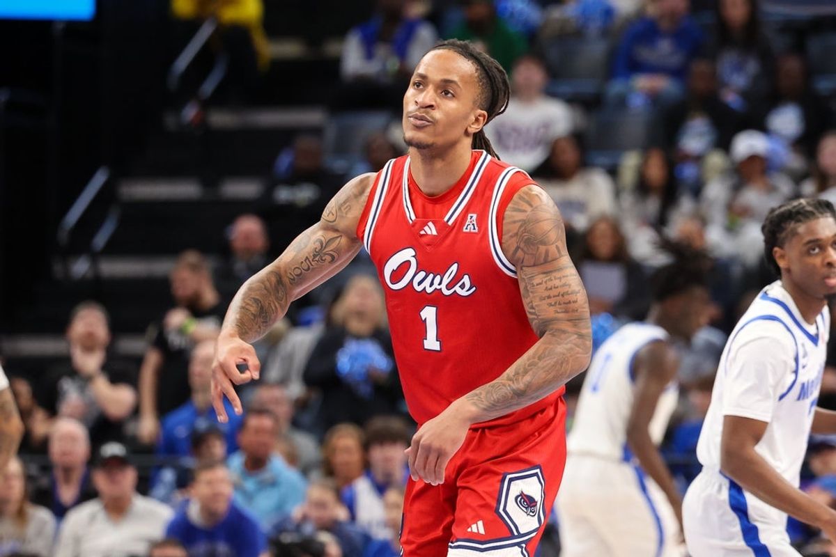 Feb 23, 2025; Memphis, Tennessee, USA; Florida Atlantic Owls forward Kaleb Glenn reacts after a three point basket against the Memphis Tigers during the first half at FedExForum. Mandatory credit: Wesley Hale-Imagn Images