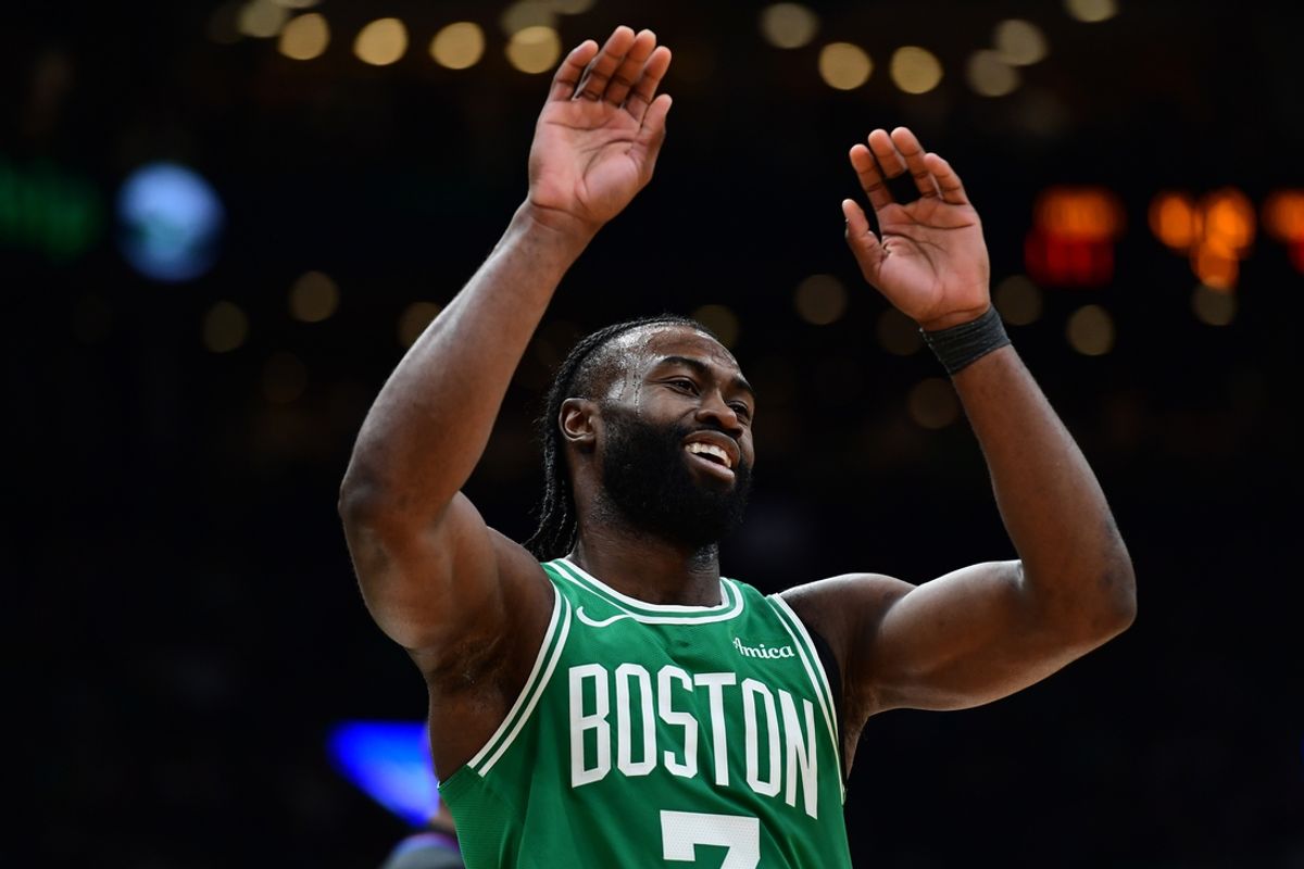 Feb 23, 2025; Boston, Massachusetts, USA;  Boston Celtics guard Jaylen Brown (7) reacts after a play during the second half against the New York Knicks at TD Garden. Mandatory Credit: Bob DeChiara-Imagn Images
