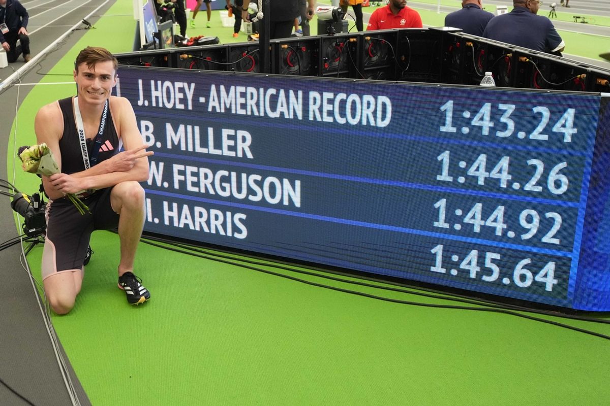 Feb 23, 2025; Staten Island, NY, USA; Josh Hoey poses after winning the 800m in an American record 1:43.24 during the USATF Indoor Championships at Ocean Breeze Athletic Complex. Mandatory Credit: Kirby Lee-Imagn Images