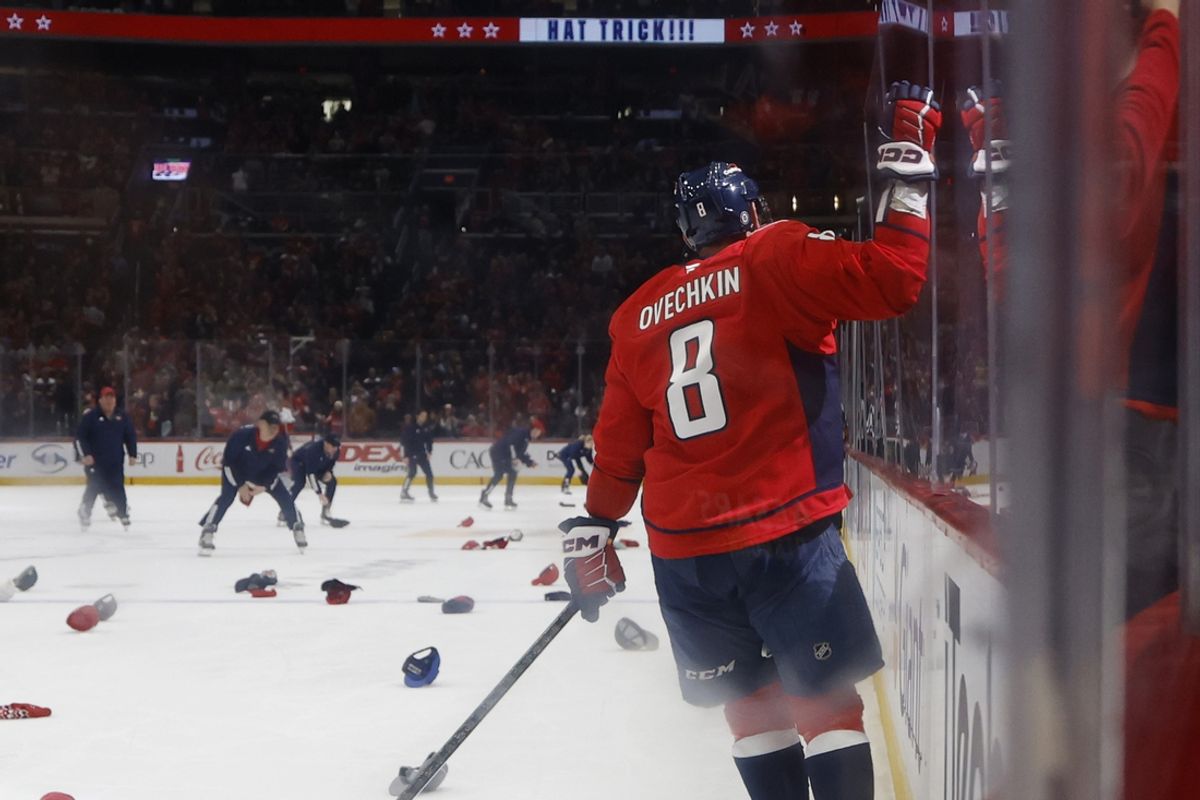 Feb 23, 2025; Washington, District of Columbia, USA; Washington Capitals left wing Alex Ovechkin (8) celebrates with his son Sergei (not pictured) after scoring a hat trick goal against the Edmonton Oilers in the third period at Capital One Arena. Mandatory Credit: Geoff Burke-Imagn Images