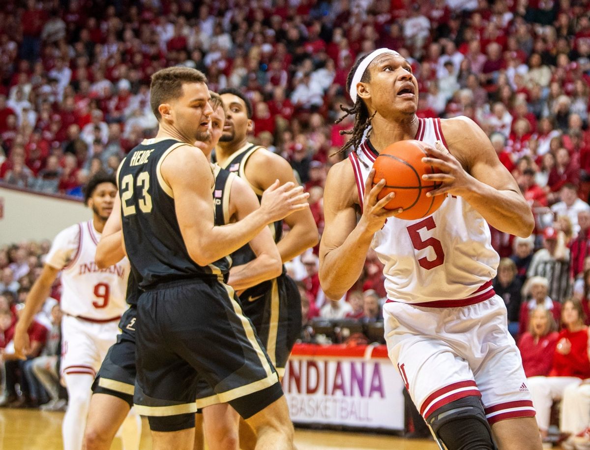 Indiana's Malik Reneau (5) scores during the Indiana versus Purdue mens basketball game at Simon Skjodt Assembly Hall on Sunday, Feb. 23, 2025.