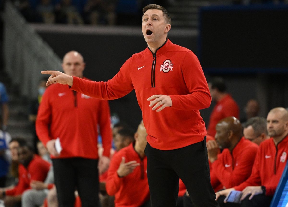 Feb 23, 2025; Los Angeles, California, USA; Ohio State Buckeyes head coach Jake Diebler yells to his players during the first half against the UCLA Bruins at Pauley Pavilion presented by Wescom. Mandatory Credit: Robert Hanashiro-Imagn Images