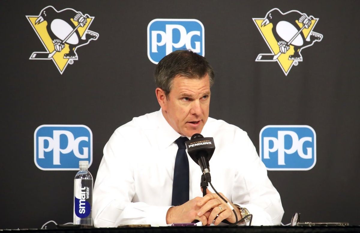 Feb 23, 2025; Pittsburgh, Pennsylvania, USA;  Pittsburgh Penguins head coach Mike Sullivan address the media after the game against the New York Rangers at PPG Paints Arena. Mandatory Credit: Charles LeClaire-Imagn Images
