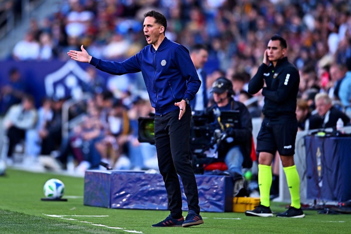Feb 23, 2025; Carson, California, USA; San Diego FC head coach Mikey Varas reacts during the first half against the LA Galaxy  at Dignity Health Sports Park. Mandatory Credit: Jonathan Hui-Imagn Images