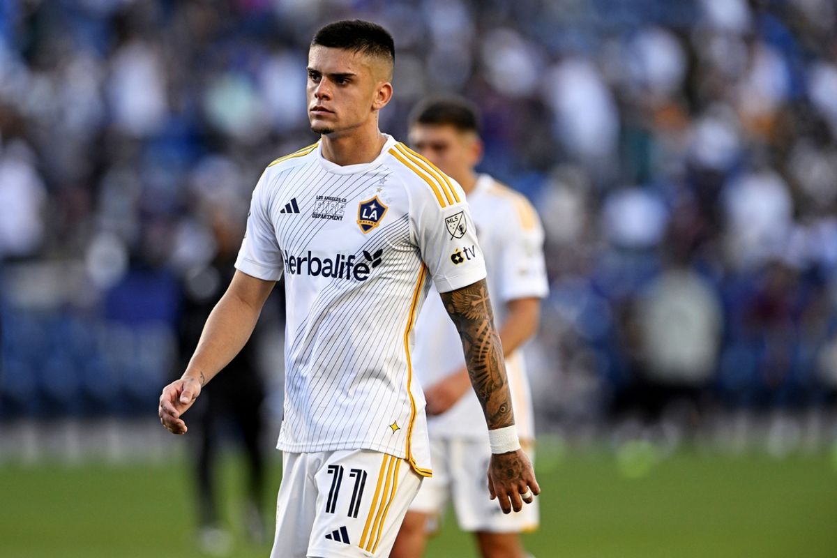 Feb 23, 2025; Carson, California, USA; LA Galaxy forward Gabriel Pec (11) walks off the field at halftime of the match against San Diego FC  at Dignity Health Sports Park. Mandatory Credit: Alex Gallardo-Imagn Images