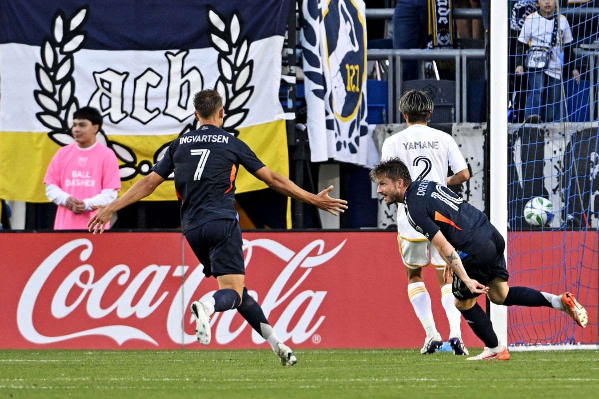 Feb 23, 2025; Carson, California, USA; San Diego FC forward Anders Dreyer (10) celebrates after scoring a goal during the second half against the LA Galaxy  at Dignity Health Sports Park. Mandatory Credit: Alex Gallardo-Imagn Images