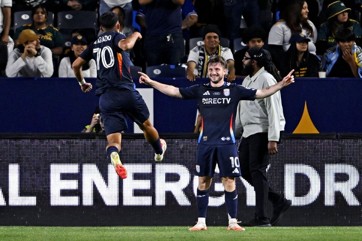 Feb 23, 2025; Carson, California, USA; San Diego FC forward Anders Dreyer (10) celebrates after scoring a goal during the second half against the LA Galaxy  at Dignity Health Sports Park. Mandatory Credit: Alex Gallardo-Imagn Images