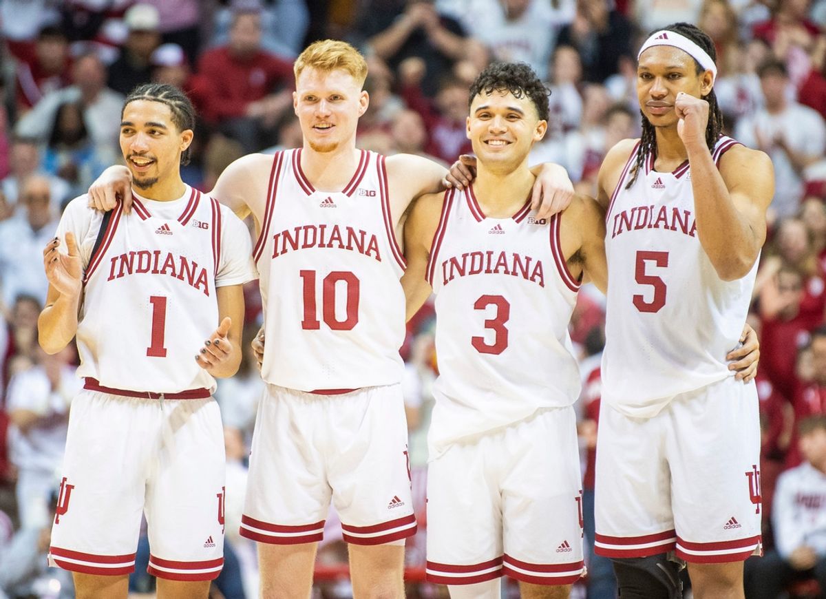 Indiana's Myles Rice (1), Luke Goode (10), Anthony Leal (3) and Malik Reneau (5) watch Trey Galloway (32) shoot a free throw during the Indiana versus Purdue mens basketball game at Simon Skjodt Assembly Hall on Sunday, Feb. 23, 2025.