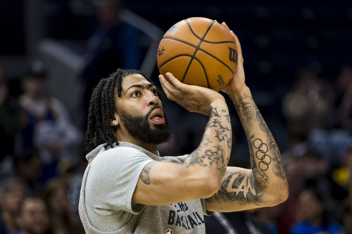 Feb 23, 2025; San Francisco, California, USA; Dallas Mavericks forward Anthony Davis (3) warms up before the game against the Golden State Warriors at Chase Center. Mandatory Credit: John Hefti-Imagn Images