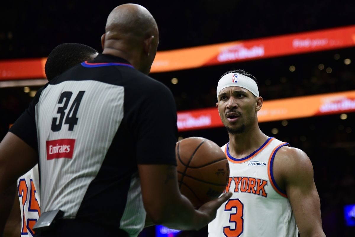 Feb 23, 2025; Boston, Massachusetts, USA; New York Knicks guard Josh Hart (3) reacts after a call during the second half against the Boston Celtics at TD Garden. Mandatory Credit: Bob DeChiara-Imagn Images